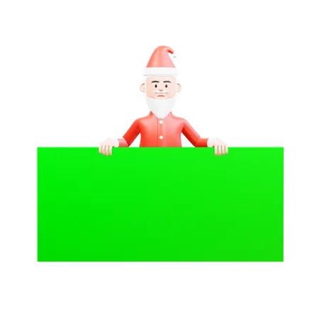 Santa Claus standing and holding a big green banner in front of it 3D Illustration
