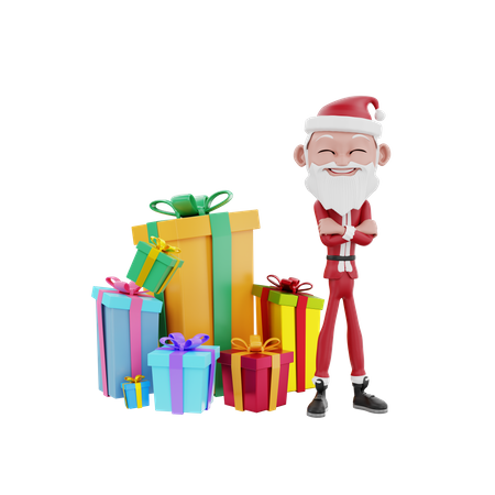 Santa claus standing behind christmas gifts  3D Illustration
