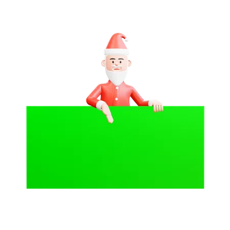 Santa Claus standing behind the big green banner and showing something 3D Illustration