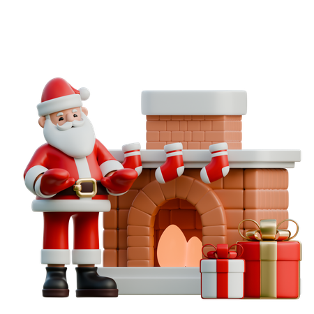 Santa Claus Standing By Fireplace  3D Illustration