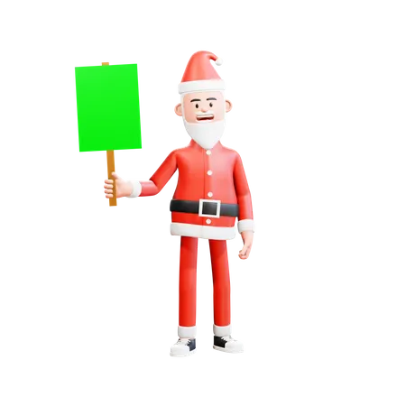 Santa Claus standing casually holding green paper placard with right hand  3D Illustration