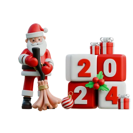 Santa Claus Sweeping Away 2024  3D Illustration