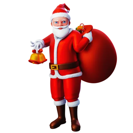 Papá Noel trae bolsa de regalo con campana de Navidad  3D Illustration