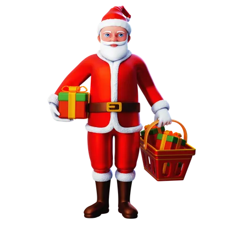 Papá Noel trae caja de regalo y cubo de compras  3D Illustration