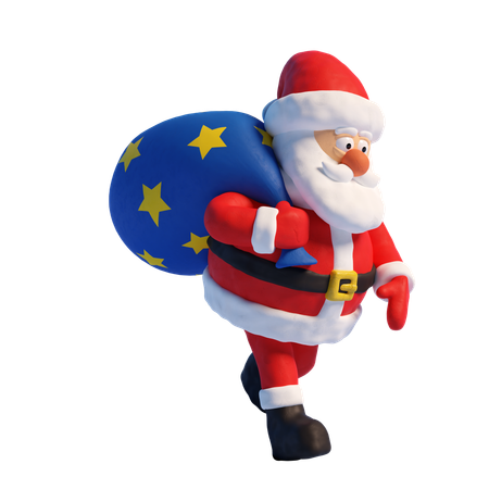 Santa Claus Walking And Holding Gift Bag  3D Illustration