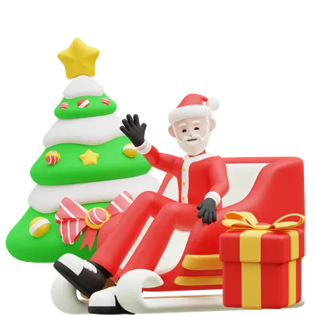 Santa Claus Waving Hand While Sitting On Sleigh  3D Illustration