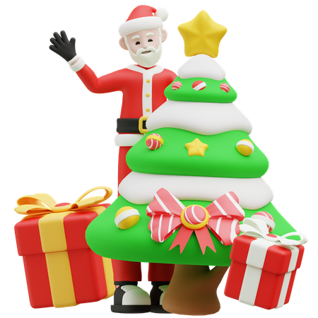 Santa Claus Waving Hand With Christmas Tree  3D Illustration