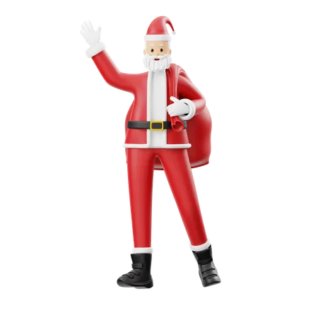 Santa Claus Waving With Gift Bag  3D Illustration