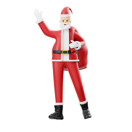 Santa Claus Waving With Gift Bag  3D Illustration