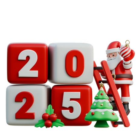 Santa Claus With A Ladder Adjusting 2025  3D Illustration