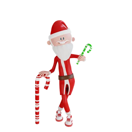 3 D Santa Claus Character With Candy Pose High Resolution 3D Illustration