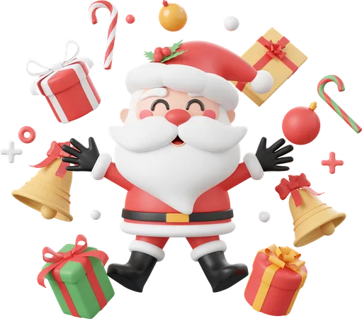 Santa Claus With Christmas Gift And Decorations  3D Icon