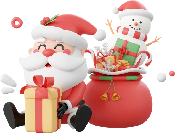 Santa Claus With Christmas Gift And Snowman  3D Icon