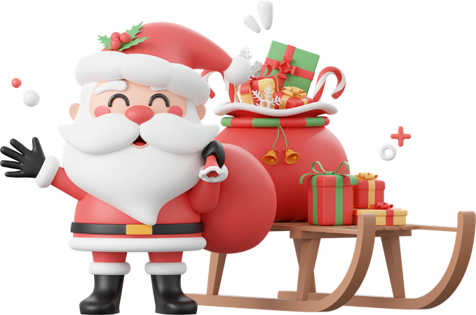 Santa Claus With Christmas Gift On Sleigh  3D Icon
