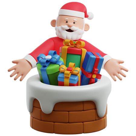 Santa Claus With Christmas Presents On Chimney  3D Illustration