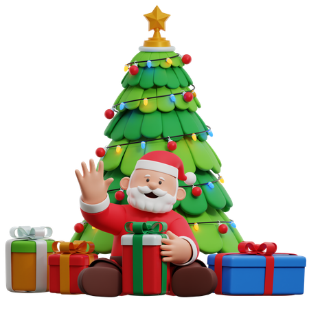 Santa Claus With Christmas Tree And Gifts  3D Illustration