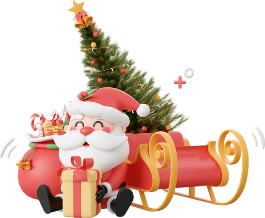 Santa Claus With Christmas Tree On Sleigh  3D Icon