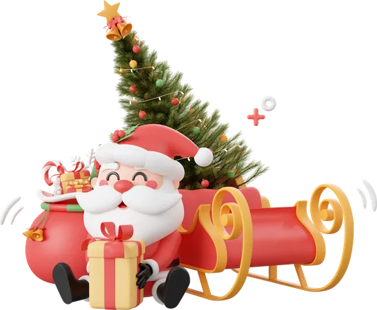 Santa Claus With Christmas Tree On Sleigh  3D Icon