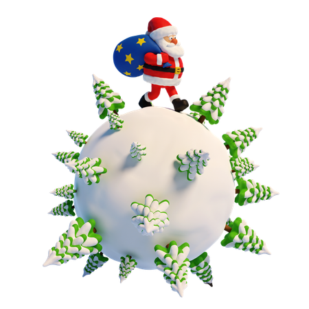 Santa Claus With Gift Bag Walking On Snowy Planet With Christmas Trees  3D Illustration