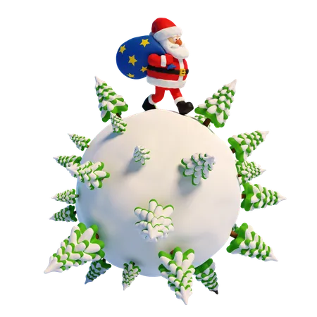 Santa Claus With Gift Bag Walking On Snowy Planet With Christmas Trees  3D Illustration