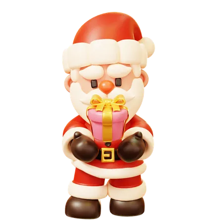 Cute Cartoon 3 D Santa Claus Character With Pink Gift Box Happy New Year Decoration Merry Christmas Holiday New Year And Xmas Celebration 3D Icon