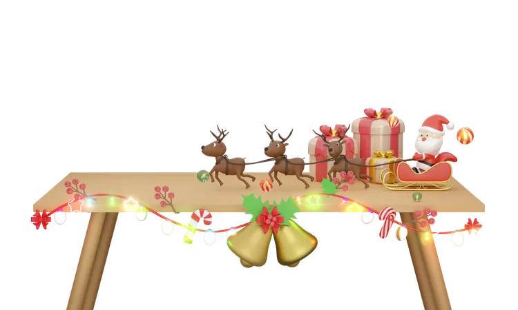 Santa Claus With Reindeer Sleigh Gift Box Jingle Bell Candy Cane Pine Tree Calendar Clear Glass Lantern Garlands On The Table Merry Christmas And Happy New Year 3 D Render Illustration 3D Icon