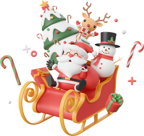 Santa Claus With Snowman And Reindeer On Sleigh  3D Icon