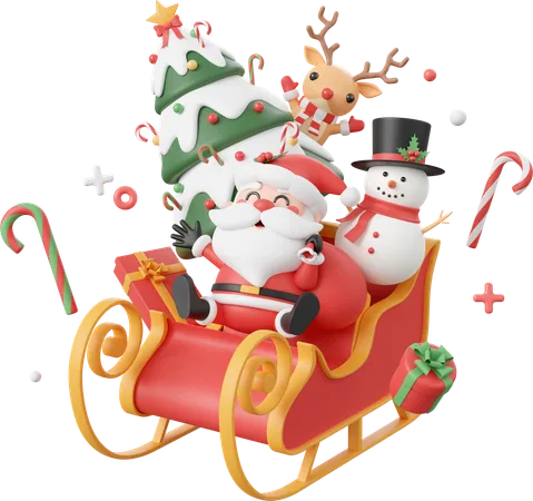 Santa Claus With Snowman And Reindeer On Sleigh  3D Icon