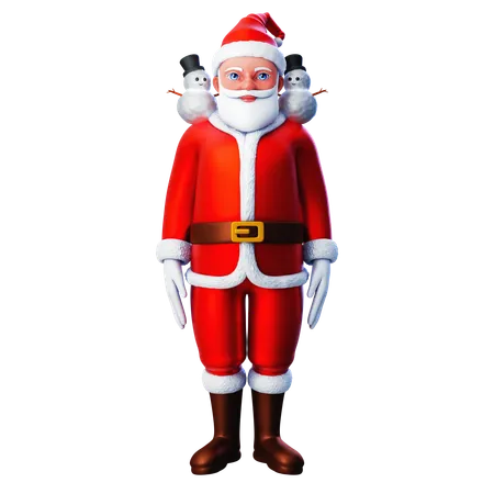 Santa Claus With Two Snowman On His Solder  3D Illustration