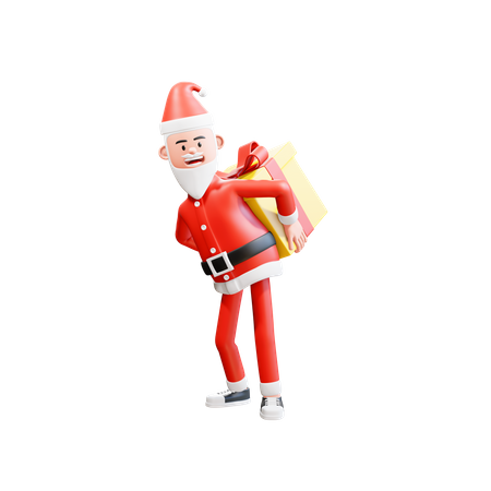 Santa Clause carries a big Christmas Gift on his back  3D Illustration