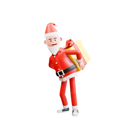 Santa Clause carries a big Christmas Gift on his back  3D Illustration