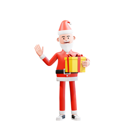 Santa clause holding christmas gifts and waving to say hi  3D Illustration