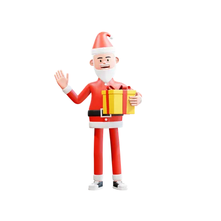 Santa clause holding christmas gifts and waving to say hi  3D Illustration