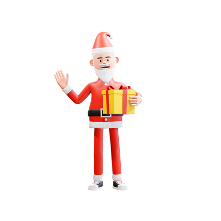 Santa clause holding christmas gifts and waving to say hi 3D Illustration
