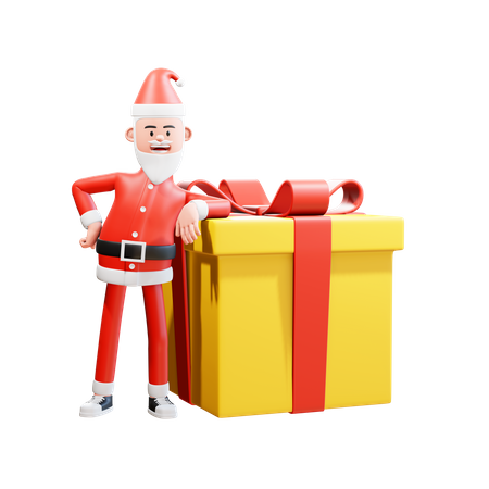 Santa Clause leans back on a large Christmas gift box for a surprise 3D Illustration