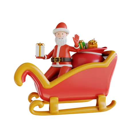 Santa Clause Waving By Riding The Sledge  3D Illustration