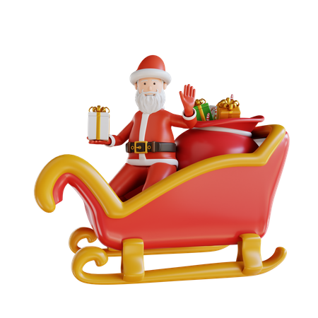 Santa Clause Waving By Riding The Sledge  3D Illustration