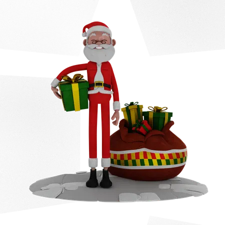 Papá Noel de pie y sosteniendo un regalo  3D Illustration