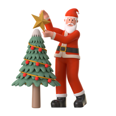 Santa Decorates The Christmas Tree  3D Illustration