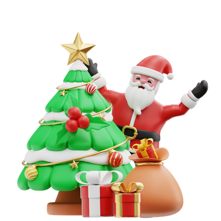 Santa decorating Xmas tree  3D Illustration