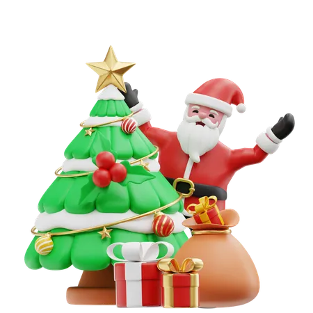 Santa decorating Xmas tree  3D Illustration