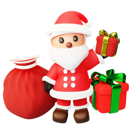 Santa distributes gifts from present bag 3D Illustration