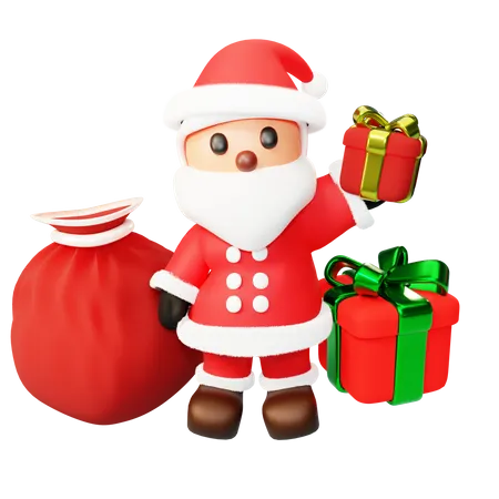 Santa distribuye regalos de la bolsa actual  3D Illustration