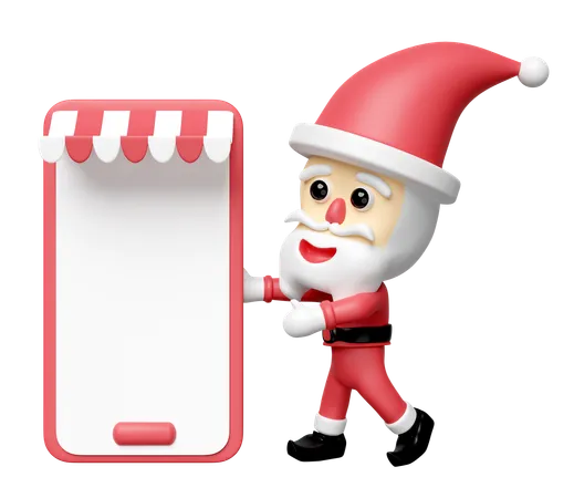 Santa Claus With Mobile Phone Or Smartphone Store Front Isolated Merry Christmas And Happy New Year 3 D Render Illustration 3D Icon