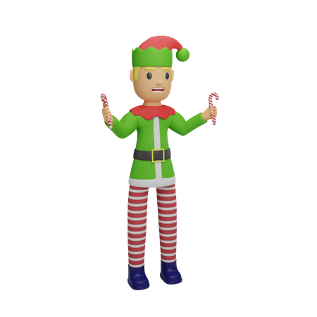 Santa Elves Holding Candy Cane  3D Illustration