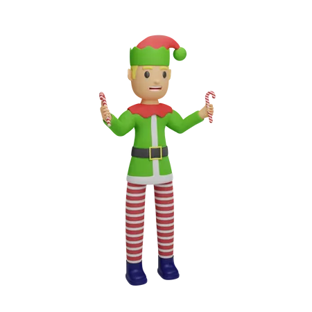 Santa Elves Holding Candy Cane  3D Illustration