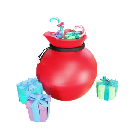 Santa Gift Bag With Present Giftbox 3D Icon