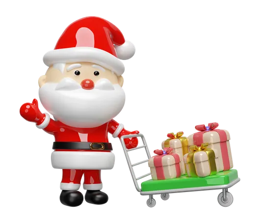 Santa Claus Pushing Warehouse Trolley Or Platform Trolley With Gift Box Merry Christmas And Happy New Year 3 D Render Illustration 3D Icon
