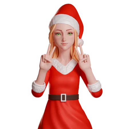 Santa Girl Showing Peace Hand Gesture Using Her Both Hands  3D Illustration