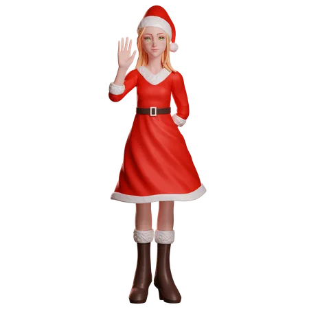 Santa Girl Waving Left Hand  3D Illustration